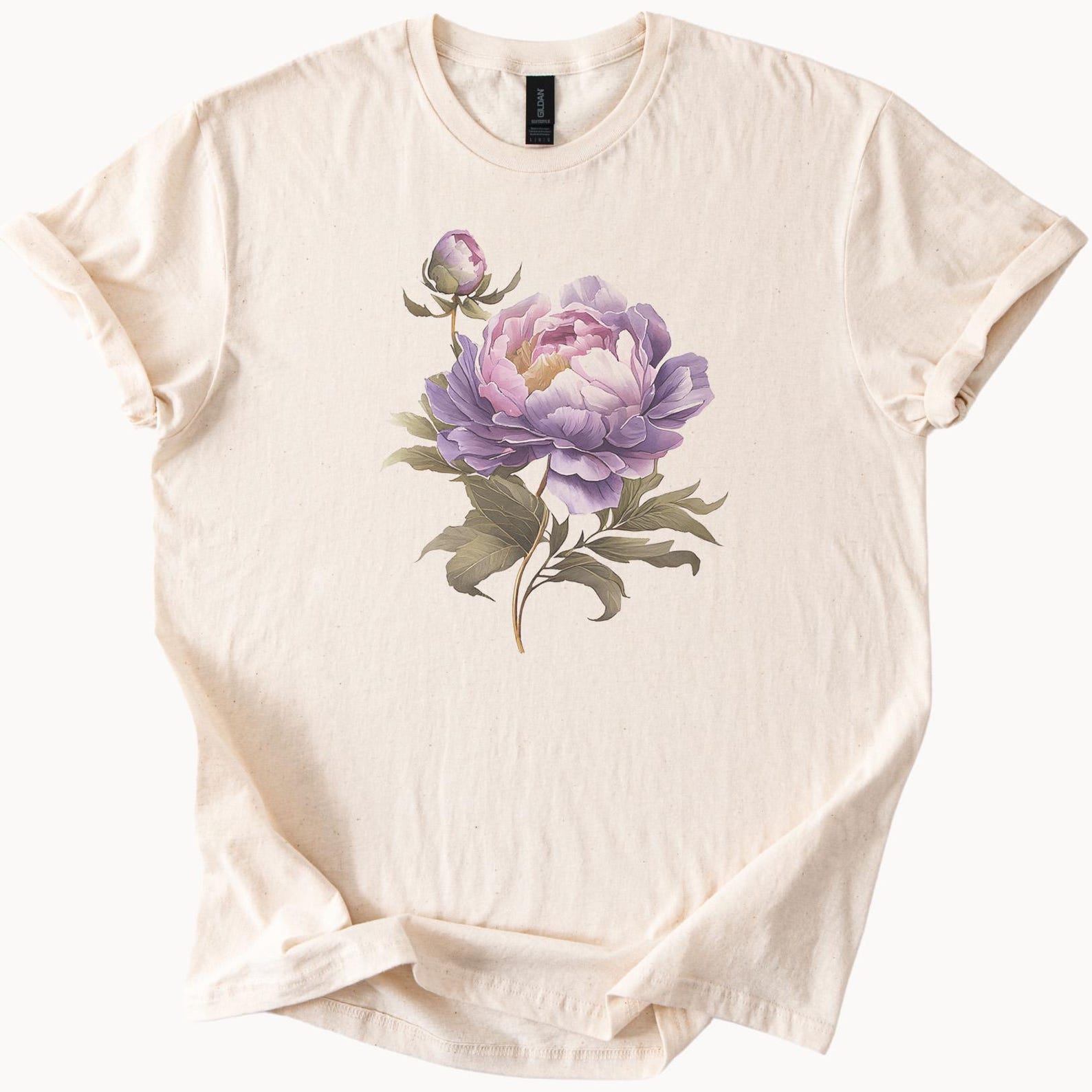 Purple Peony Flower Graphic T Shirt Soft Cream Floral Art Tee Botanical Garden Shirt Hand Drawn Blossom Nature Aesthetic Top 150