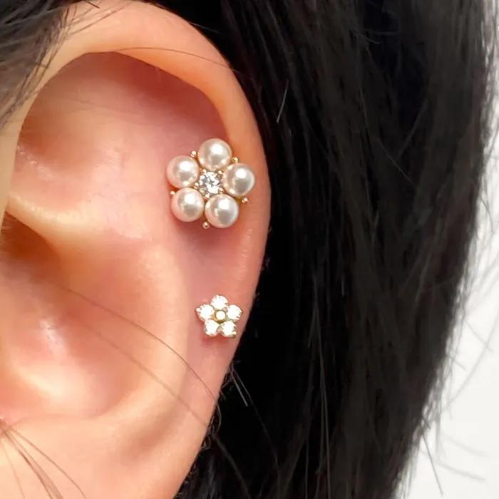 14K Pearl Cluster Flower Piercing Earrings