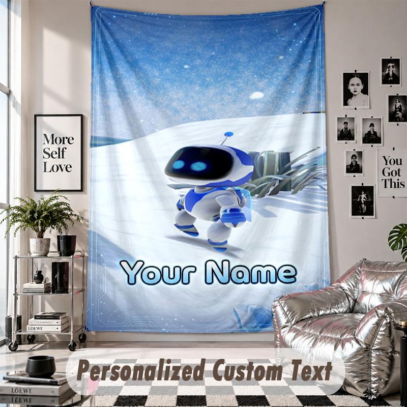 Wall Hanging Tapestry With Custom Name & Text, Astro Bot Decorative Tapestry For Bedroom