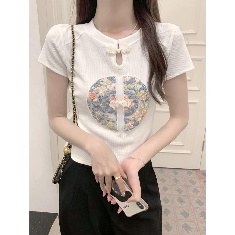 New Chinese Style Embroidered Short-sleeved T-shirt for Women's Summer New Design Sense Hollow Shoulder Slim Short Top