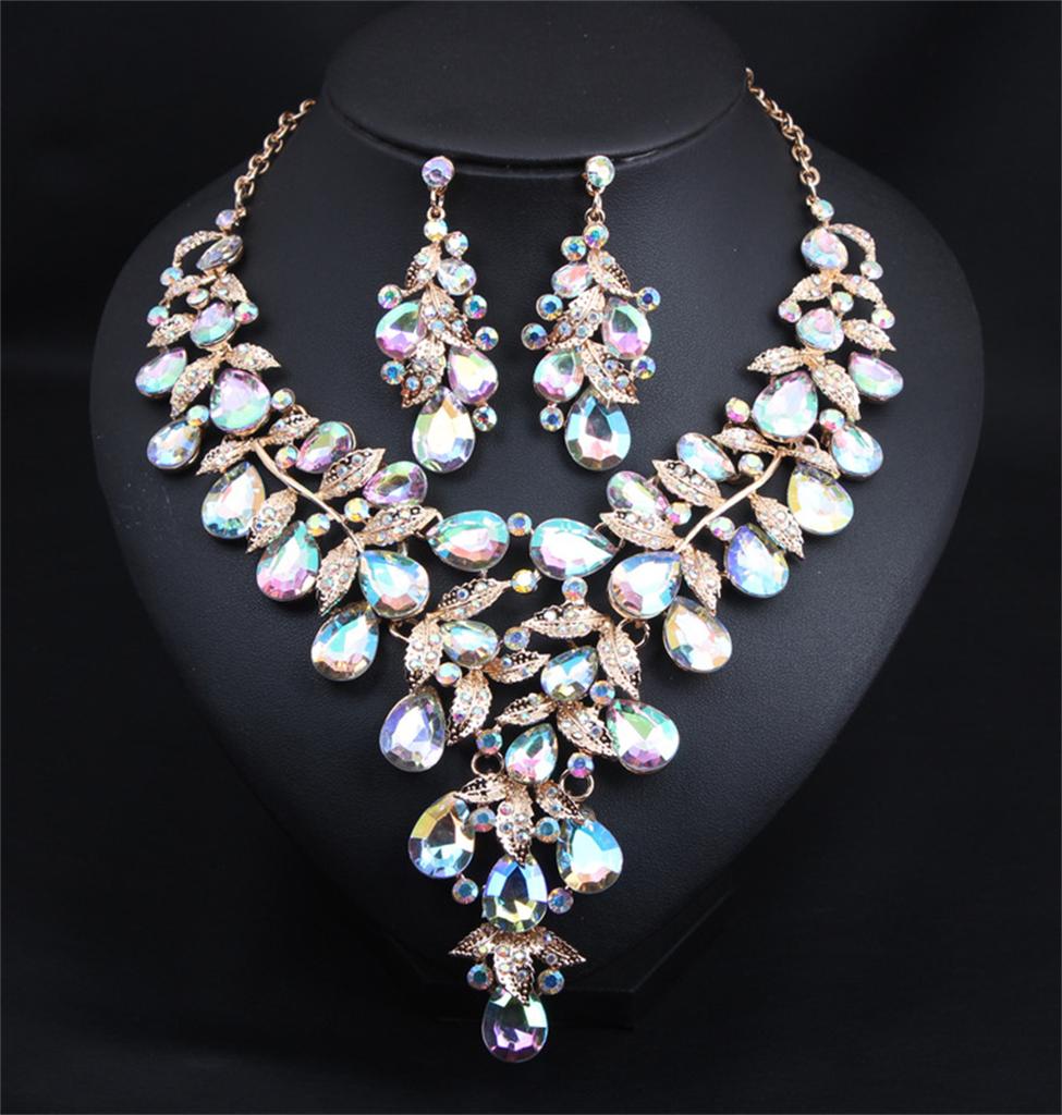 Gorgeous Colorful Crystal Flower Drop Collar Necklace Earring Luxury Wedding Jewelry Set Exaggerated Girl's Bridal Party Gift