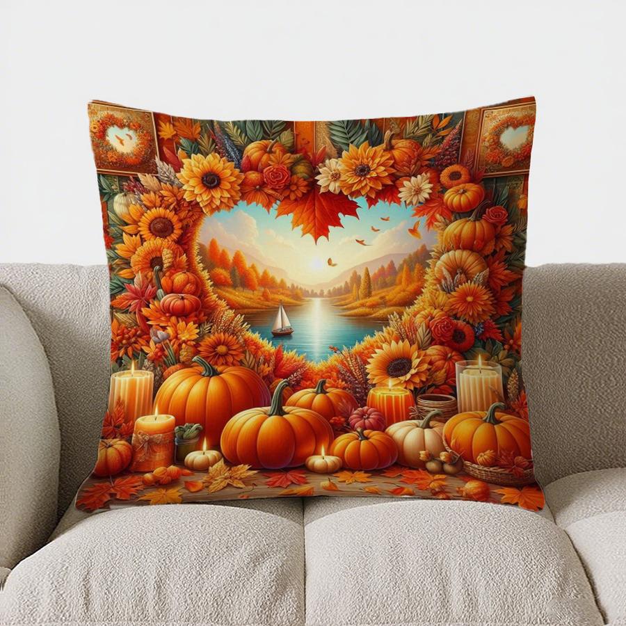 Home Decor Autumn Leaves & Pumpkins Decorative Pillow Cover Pattern Cushion Cover Suitable For Sofa Bedroom Car Pillow Cover