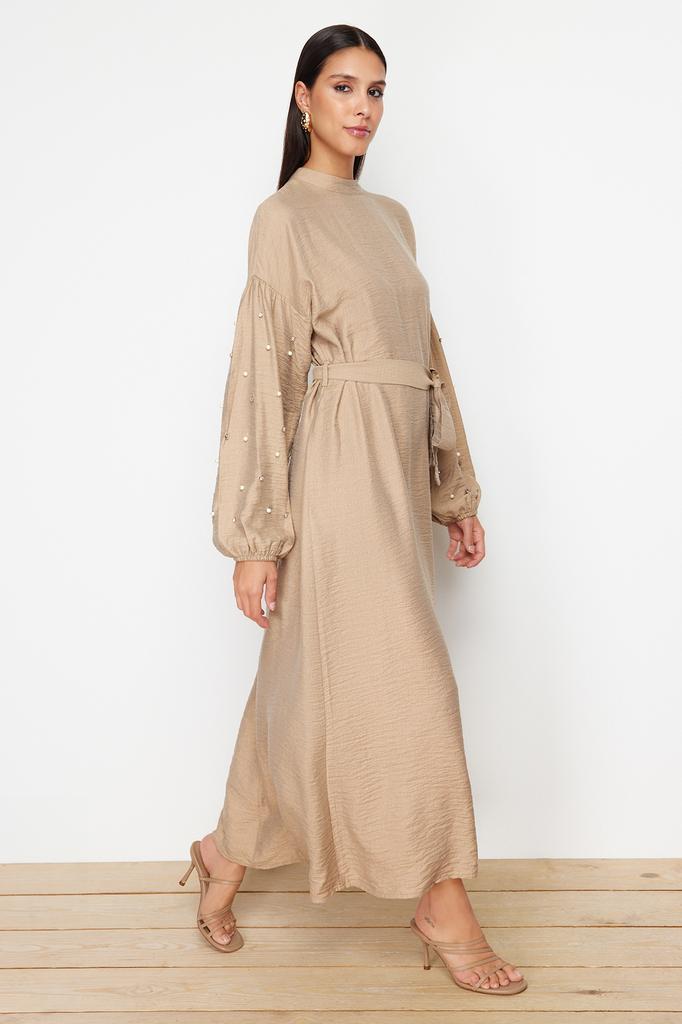 Women's Fashion New Hijab Dress Black Belted Pearl and Stone Detailed Woven Dress