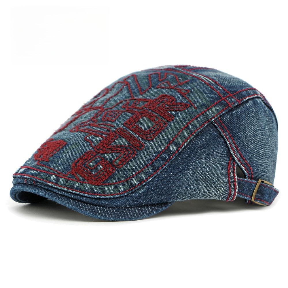 Unisex Washed Denim Cotton Flat Cap Embroidered British Retro Ivy Cap Adjustable Gatsby Cabbie Forward Painter Hat adjustable 55-59cm бордовый
