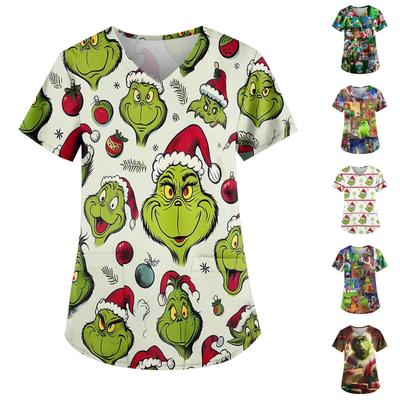 Plus Size Printed Scrub Working Uniform Tops For Women's Cross V Neck Print Short Sleeve Fun T-shirty Robocze Tee Z Kieszeniami