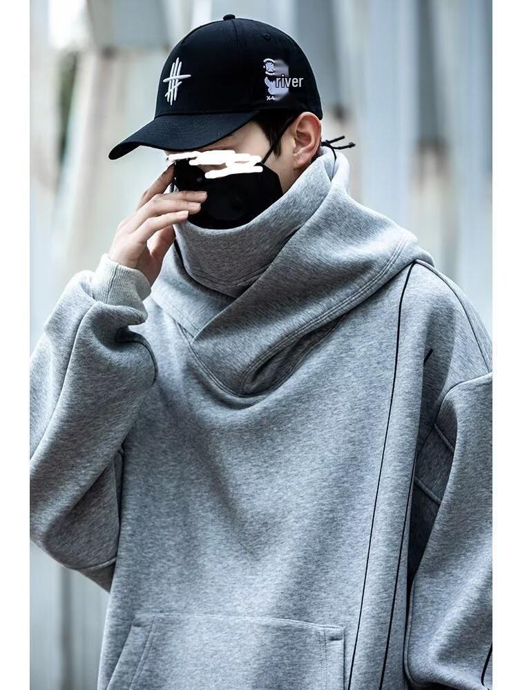 Unisex High-Neck Hooded Sweatshirt: Heavyweight, Functional, Loose-Fit Top for Spring, Autumn, Winter - Trendy, Casual, and High Street Style.