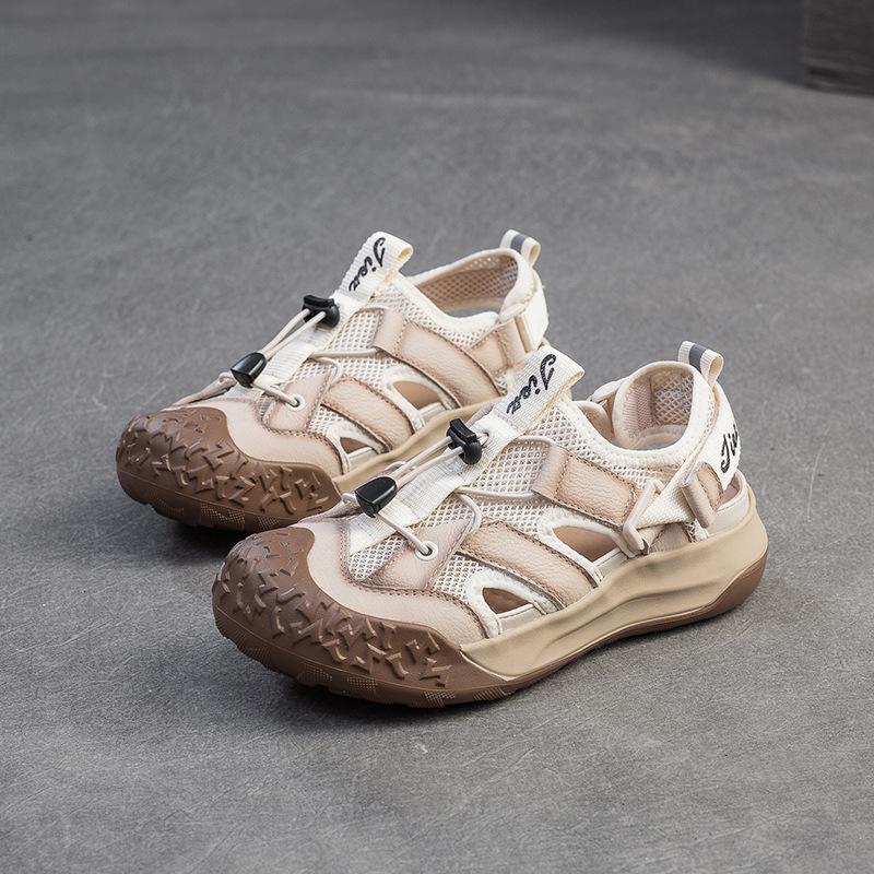 Johnature Retro Runde Zehen Atmungsaktive Mesh Sport-Sandalen Echtes Leder Leichte Damen Schuhe