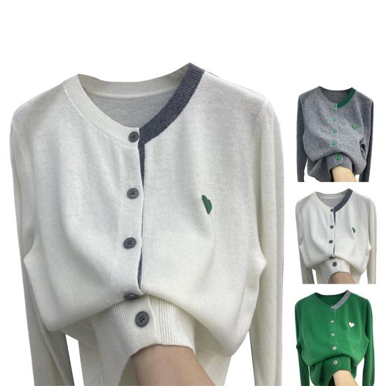 Women Fall Winter Knit Cardigan Single-breasted Round Neck Color Matching Elastic Long