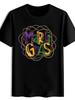 T-shirt Mardi Gras Bead Chain Print - Short Sleeve Round Neck Summer Casual Top with Beaded
