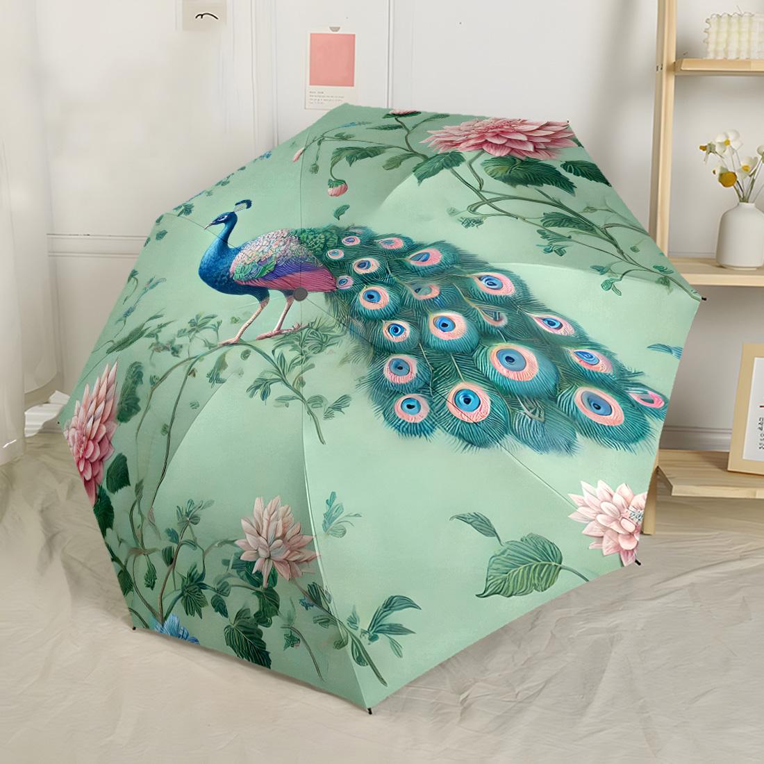 

Peacock And Floral Harmony Automatic Umbrella Folding Umbrella with 8 Ribs Foldable Design Travel Essential Fashionable Accessory