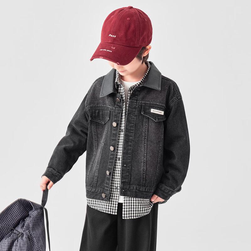 Boys' Faux Leather Collar Patchwork Denim Jacket