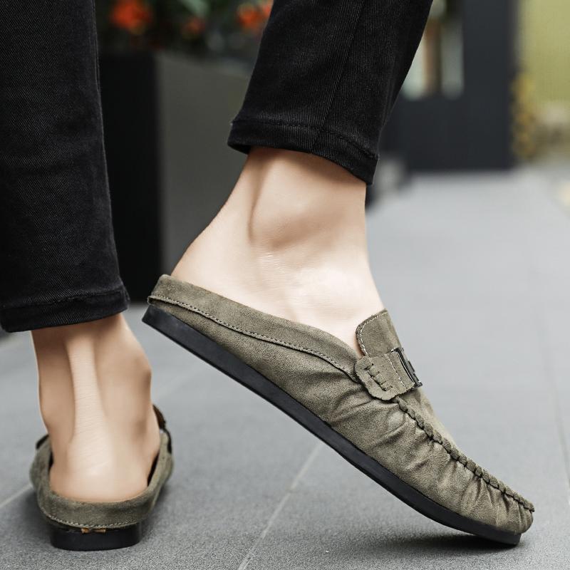 2025 New Men's Slippers Leather Summer Flat Bottom Outdoor Non Slip Comfortable Luxury Trendy Set Wearing Half Slippers 39-44