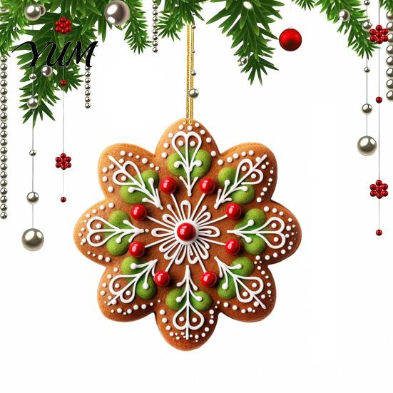 Indoor Hanging Decor 2D Acrylic Christmas Ornament, Gingerbread Snowflake Red Berry Decoration Decorative Holiday Pendants for Xmas Tree, Car Rearview