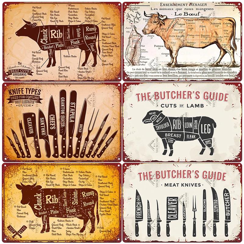 The Butcher's Guide Vintage Metal Signs, Kitchen Poster Cuts of Beef, Pork, Duck, Fish, Shop Wall Decor, Tin Sign, 20x30cm