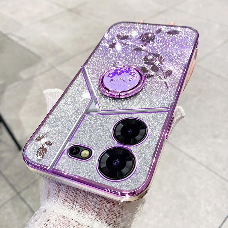 

KADEM For TECNO Pova 5 Pro 5G Case Kickstand TPU Floral Phone Cover Glitter Rhinestone Purple