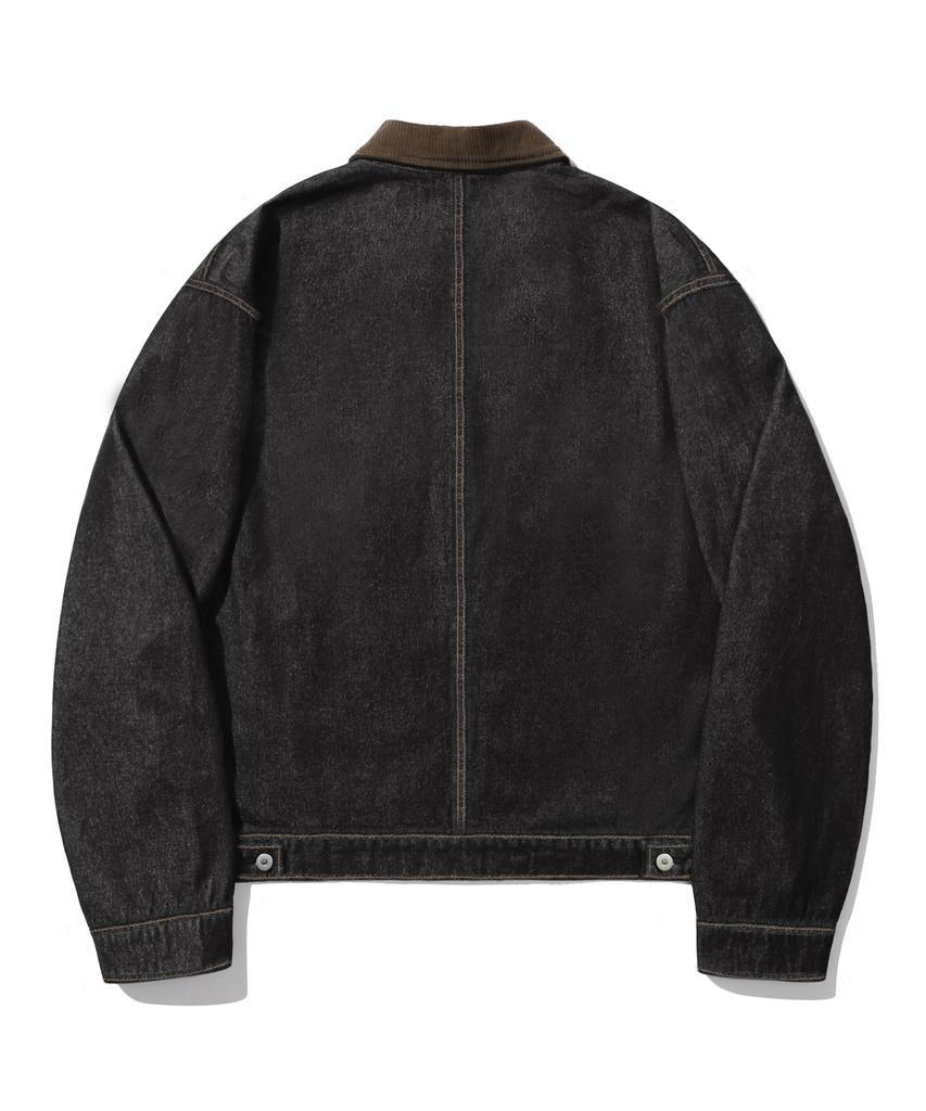 Trillion Corduroy Collar Denim Zip-Up Work Jacket (Black)