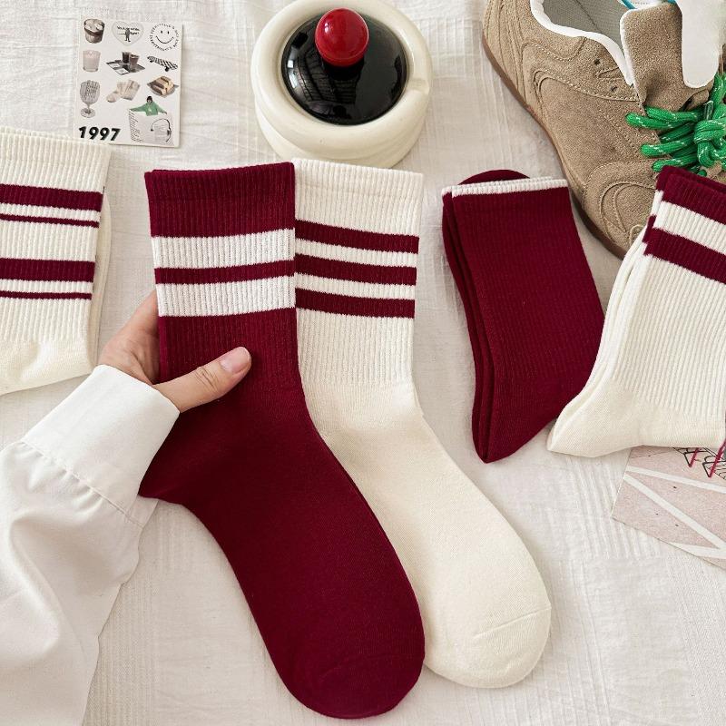 Women's Ankela Red Striped Mid-calf Socks Trendy Combed Cotton Long Calf Socks