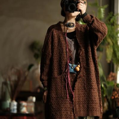 Women Vintage Red Coffee V-Neck Long Sleeve Coats Button Knitted Wool Blend Pockets Spring Coats