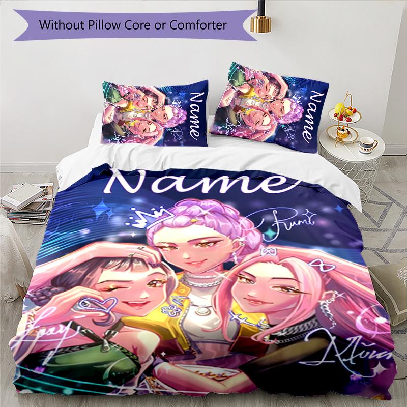 3pcs KPop Demon Hunters4 Cover Set - Personalized Name, HD Printed Bedding with 1 Cover and 2 Pillowcases - Perfect for Home Decor, Easy Care