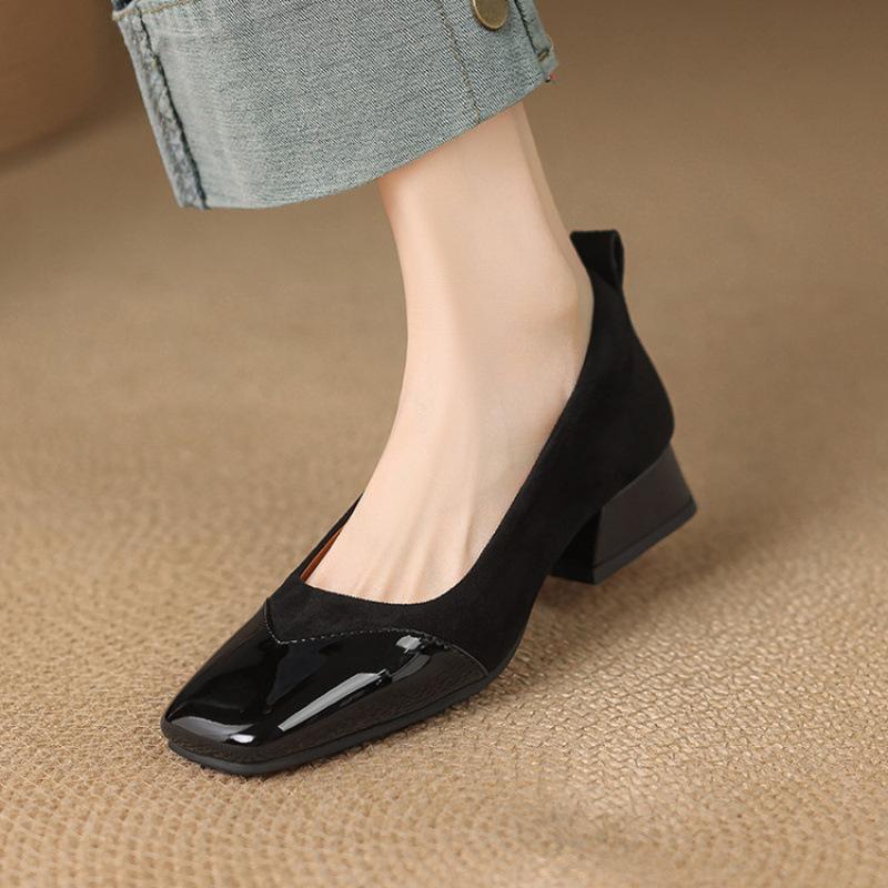 

New comfortable fashion single shoes women s square head medium heel large size square heel foot cover one pedal casual solid color four seasons leat 39