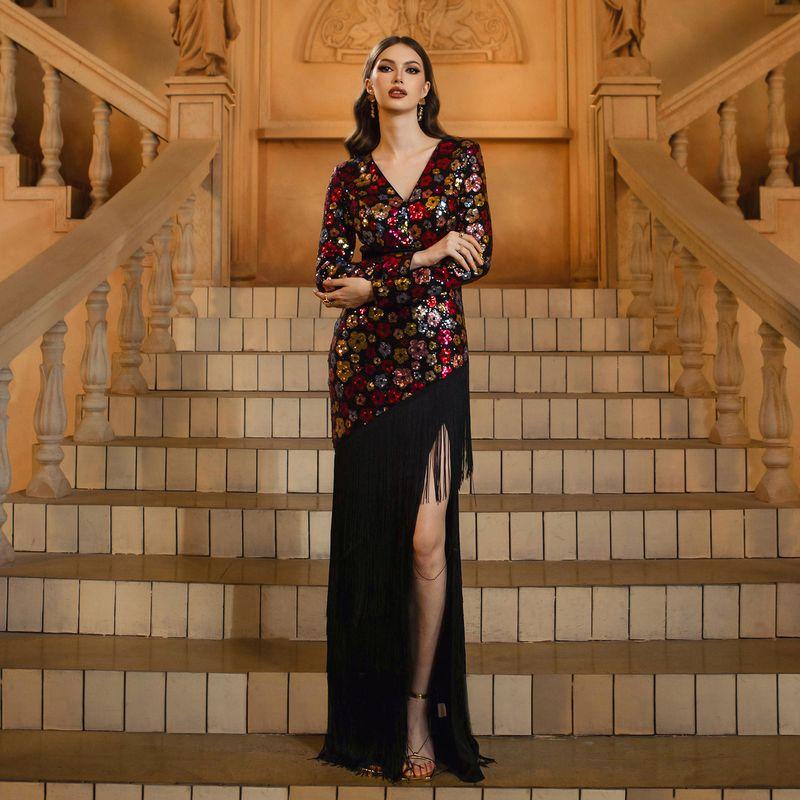 Cross-Border European and American Fashion New High-End Long-Sleeved V-Neck Slim-Fitting Tassel Sequin Banquet Fishtail Evening Dress Black S