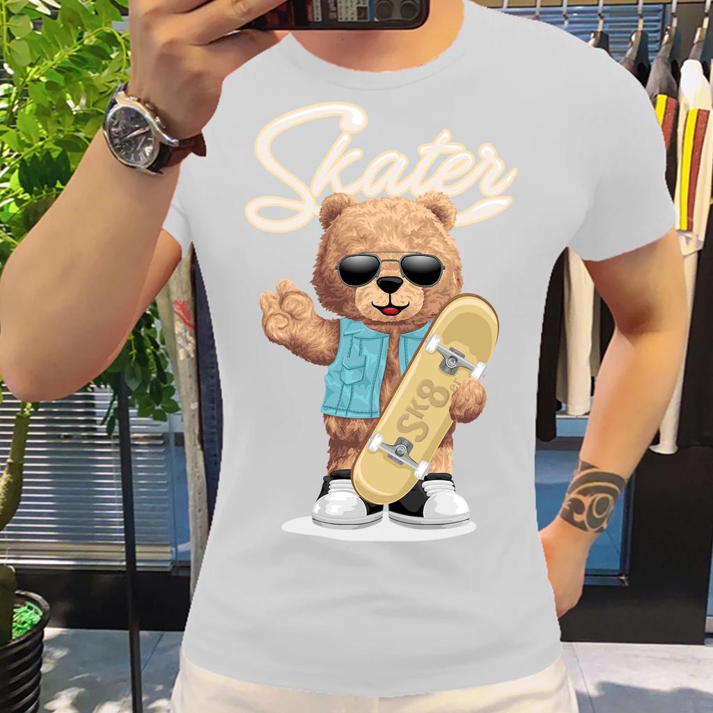 Motorcycling Bear Funny Cute Top Camisetas Black Ladies Tshirts Aesthetics Graphic White Short Sleeve 100%Cotton Man's T-shirt