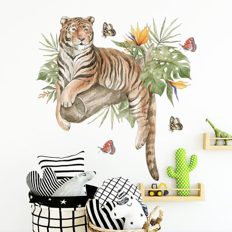 Wall Decals Wall Sticker Watercolor Cartoon Animals Tiger Tropical Green Plant Butterfly Wallpaper