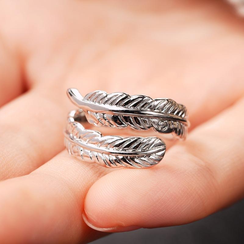Sterling  Feather Shaped Open Ring for Women Punk Vintage Party Adjustable Finger Jewelry Retro Accessories