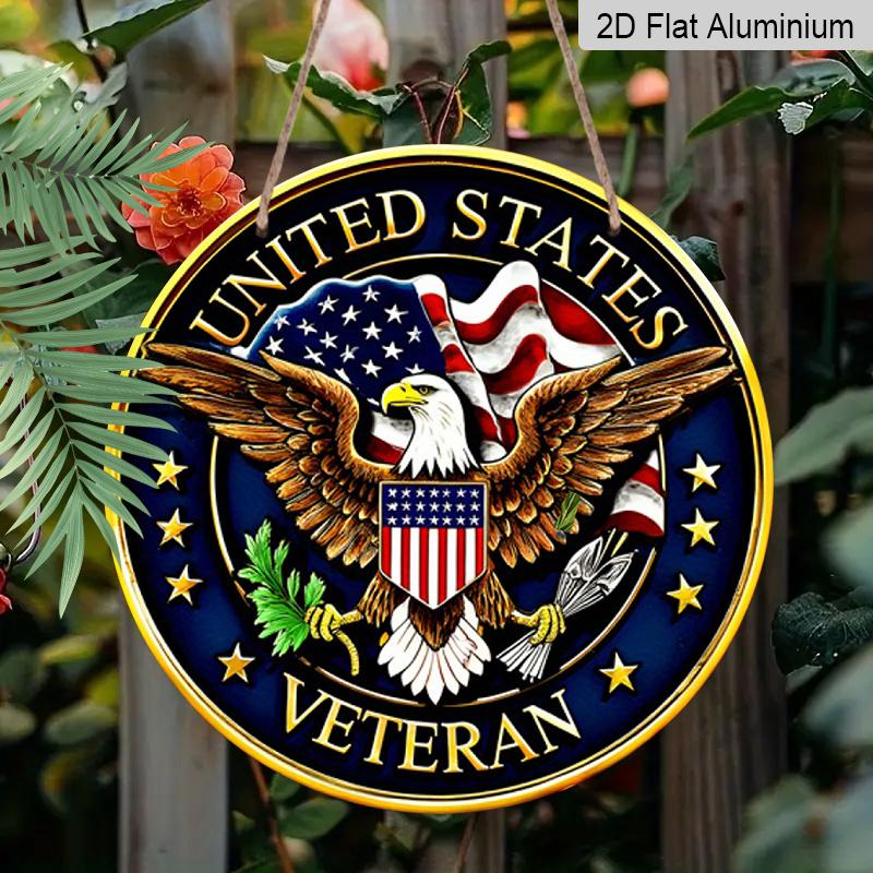 2D Flat, 1pc Patriotic American Veteran Round Aluminum Sign, with US Flag and Eagle Design Retro Wall Art, Suitable for 4th of July, Memrial Day