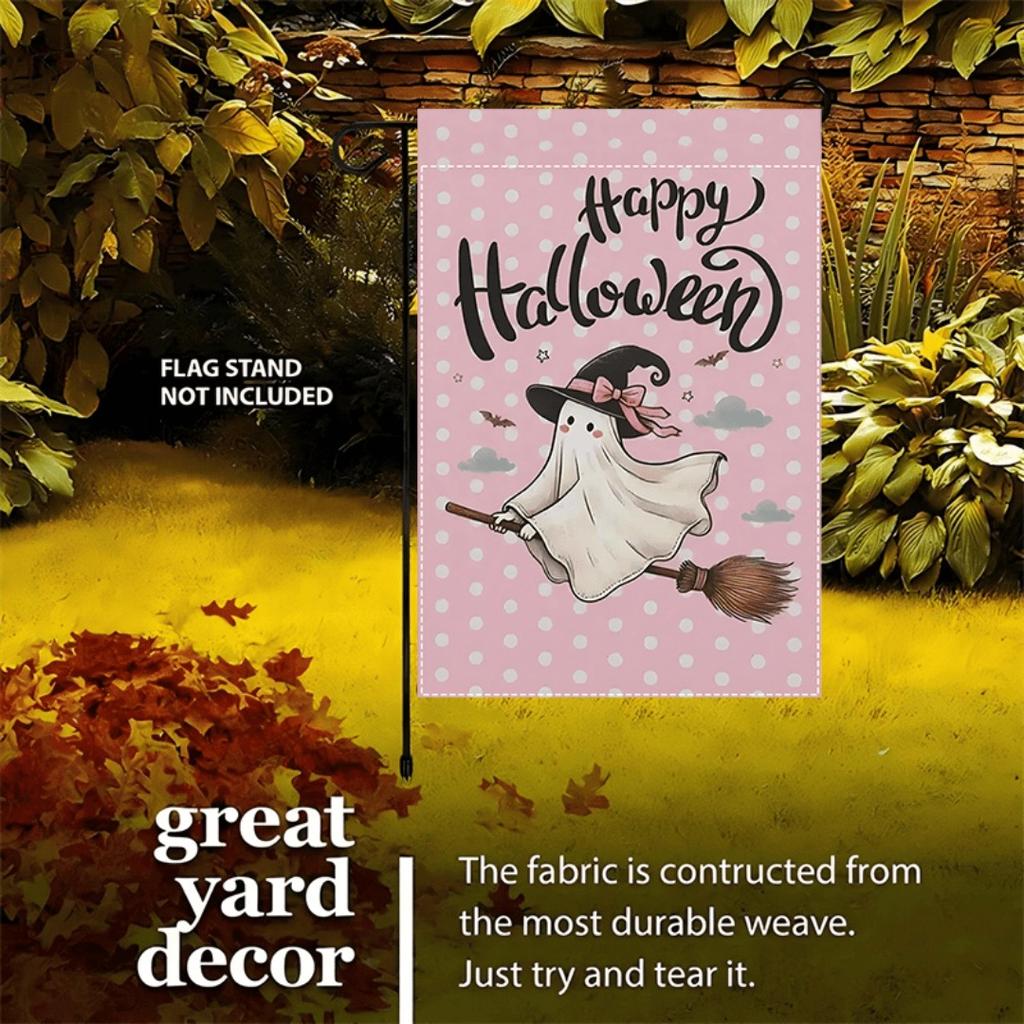 1pc Pink Happy Halloween Garden Flag Lovely Ghost Print Suitable for Halloween Yard Outside Decoration No Flag Pole 12X18 Inch