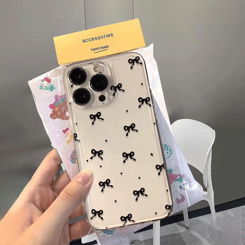 Transparent Black Bow Polka Dot Case for Apple 16/15/14 Pro Max & 13/12