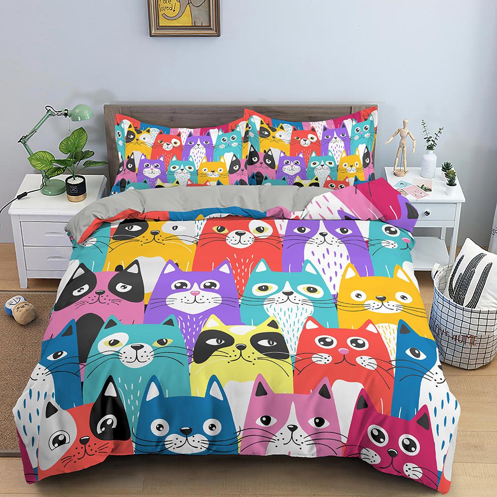 Cartoon Cat Duvet Cover King Queen Lovely Kitty Feet Pattern Bedding Collection For Kids Boys Girls Animal 23Pcs Polyester Quilt Cover