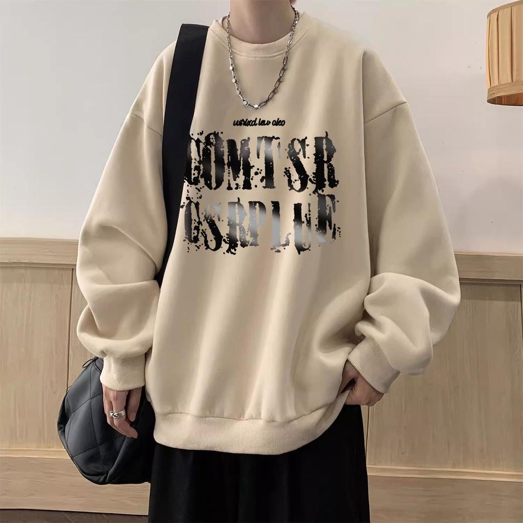 Retro Långärmad Tryckt Sweatshirt, Lös Rund Hals, Utan Huva Plus Fleecekläder