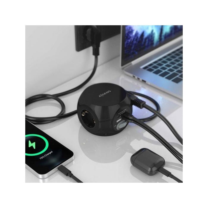 Aisens Regleta Sobremesa Multifuncion con 3 Tomas + 2xUSB-C/2xUSB-A 1.4m Negra