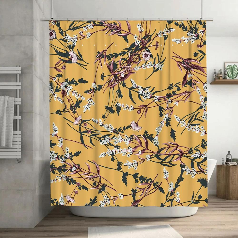 Yellow Bath Shower Curtain Flower Print Waterproof Home Decor Bathroom Accessories 3D Printed Fabric Blackout