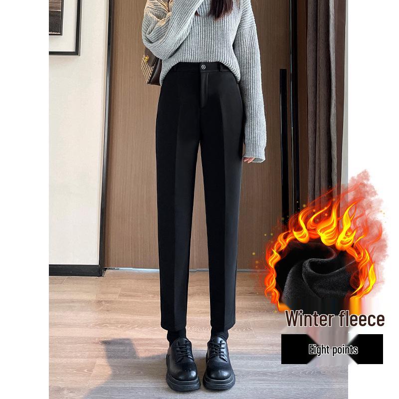 Women's Black High-Waisted Fleece-Lined Slim-Fit Suit Pants for Autumn/Winter - Casual Straight-Leg Formal Wear
