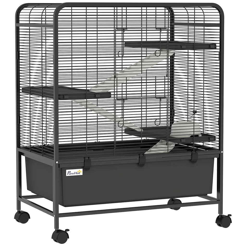 4-Tier Steel Rabbit Cage with Platforms, Ramps, Wheels, Water Tank and Removable Tray, Black
