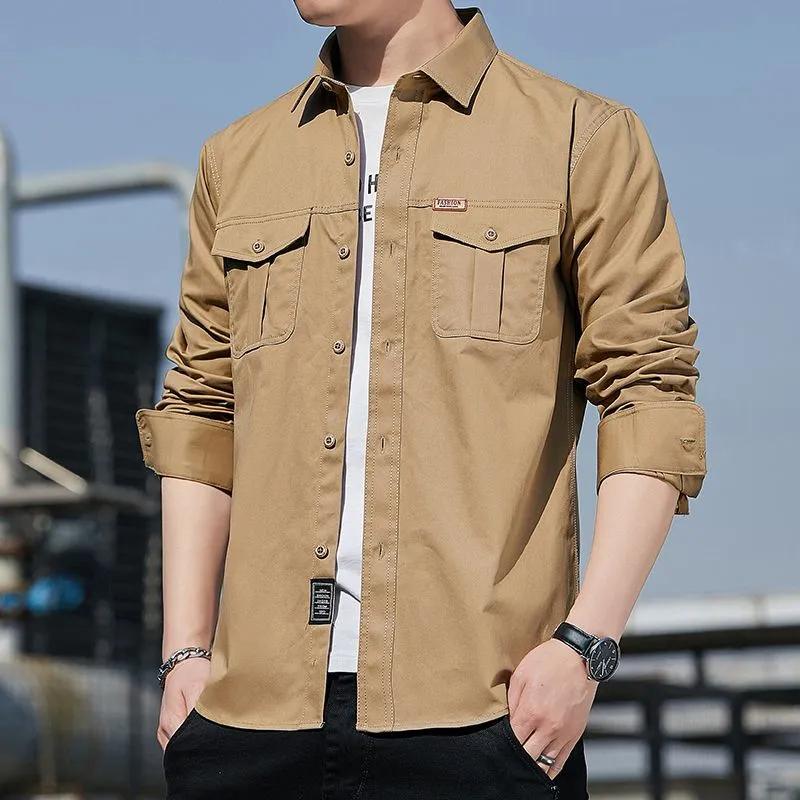 Cotton Cargo Shirt for Men Long Sleeve 2 Pocket Shirts Outdoor Casual Blouses Clothing Overshirt
