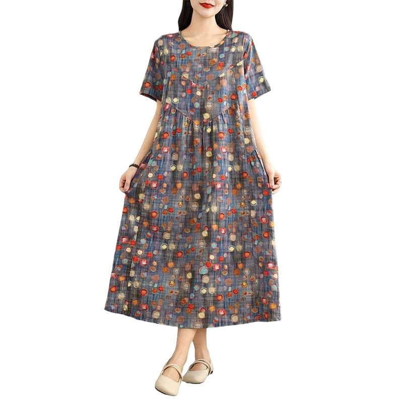 Summer New Retro Round Neck Flower Pocket Short Sleeve Dresses for Women
