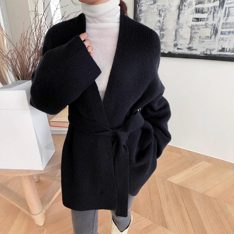 Temperament Lazy Wind Lace-up Knitted Cardigan Women's Autumn and Winter New Loose Medium and Long Sweater Jacket Women