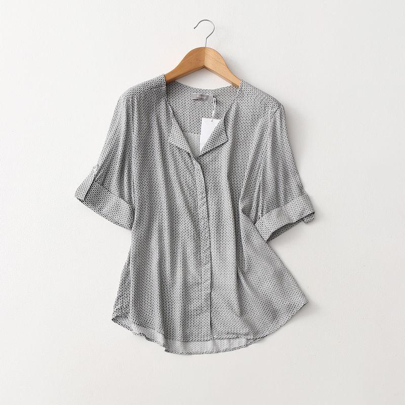 

Original Order Simple All-Matching Short-Sleeved Cotton Silk Shirt for Women Super Slimming Print Artificial Cotton Tops Thin Large Sizes Availiable White bottom European code-L (Bust size 114)