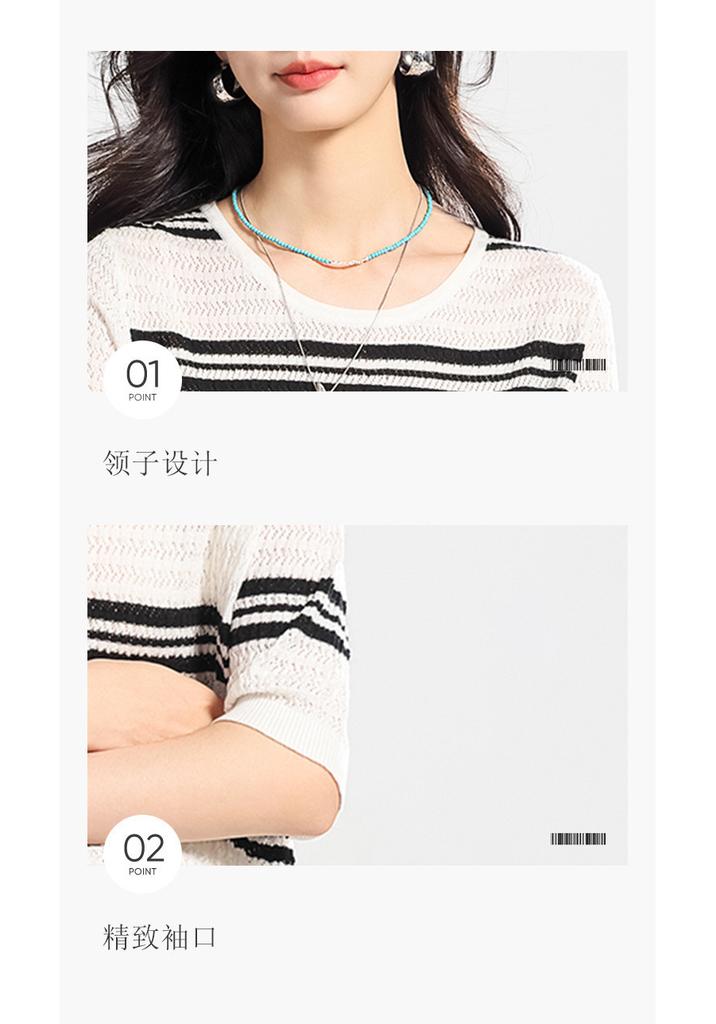 Black and white contrasting T-shirt with mulberry silk, striped knit shirt, casual short sleeved, summer comfortable women's T-shirt top