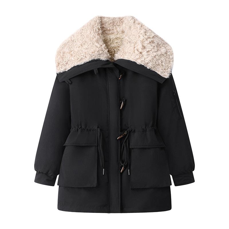

Lamb Wool Big Lapel Horn Buckle Waist-closing Tooling Plus Cashmere Girl Updated Thickening in Winter To Overcome XL чорний