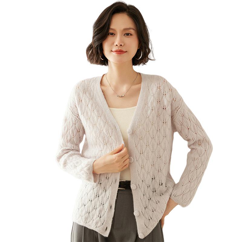 2024 Autumn/Winter Cashmere Cardigan: Button Closure, Leaf Openwork, Loose & Versatile Sweater.