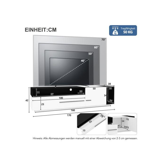 Meuble TV - MUVOE - 170 cm - Brillant - Pour TV jusqu'à 70 pouces - Espace de rangement flexible