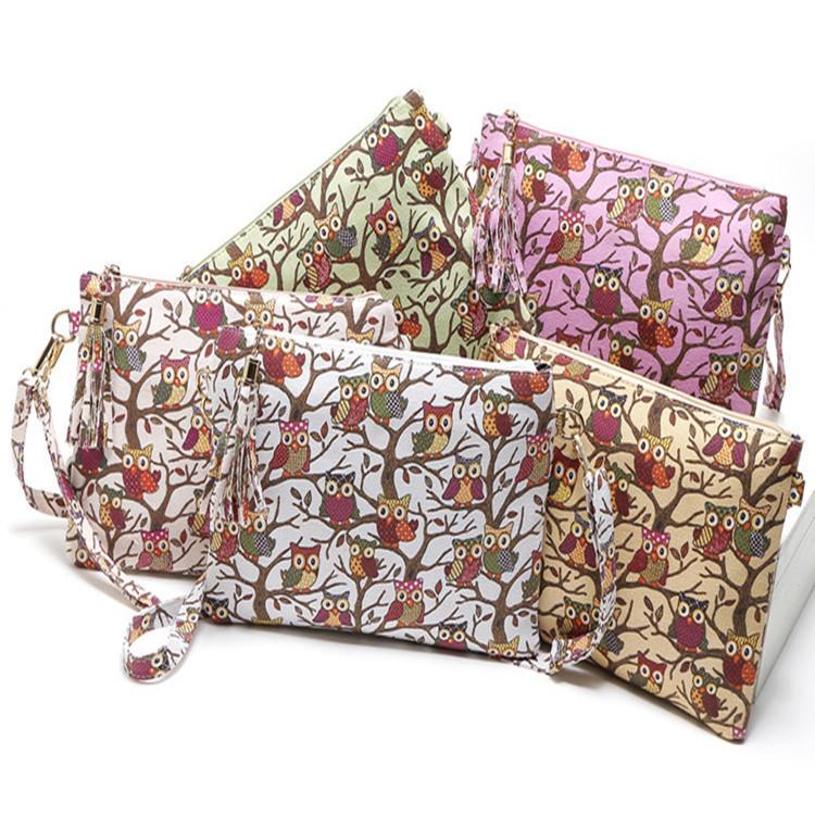 Cartoon Owl Canvas Crossbody Bag With Tassel And Zipper For Women**