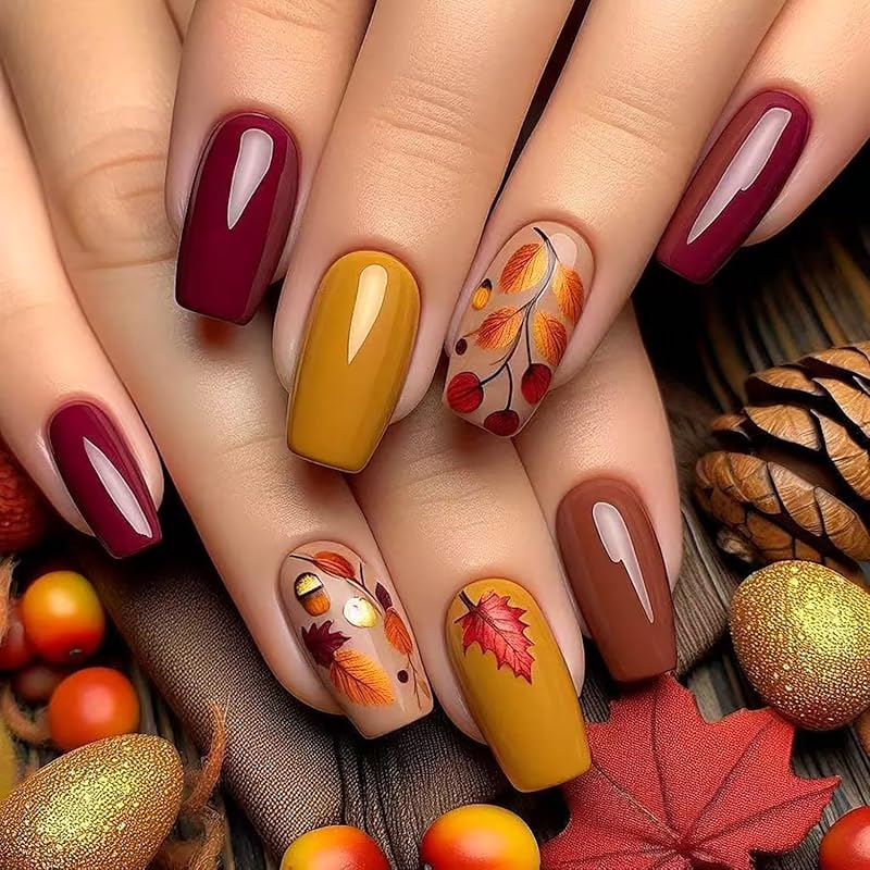 Fall Press on Nails Long Ballerina Coffin Nails Thanksgiving Maple Leaf Acrylic Glue on Nail Glossy Autumn Gold Maple Leaves Fake Nail for Women DIY