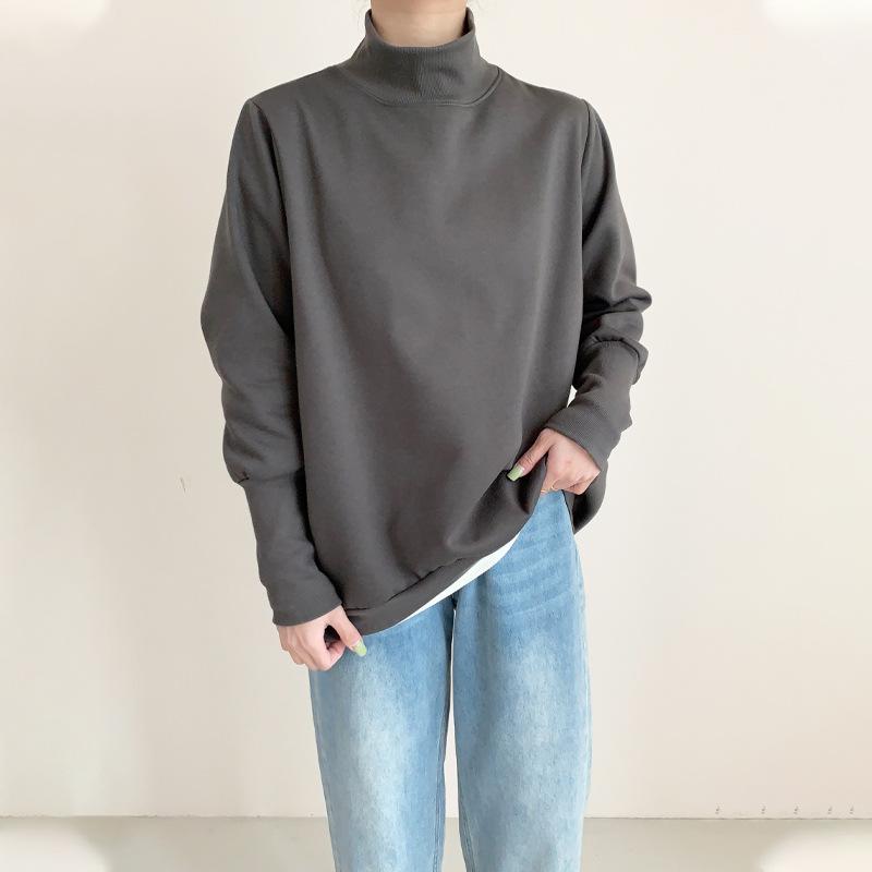 Herbst und Winter Halbochgeschlossenes Langarm-Damen-Sweatshirt Manschettendesign Locker Lässig Einfarbig Einfacher Pullover Top