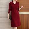 Damen Strickkleid Revers V-Ausschnitt Lange Ärmel Midi-Kleid Lässig Einfarbiges Kleid Pullover Strickkleid