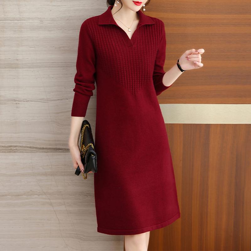 Women's Knitting Sweater Dress Turn Collar Pullover Long Sleeve A Line Dress Casual Solid Patchwork Dresses